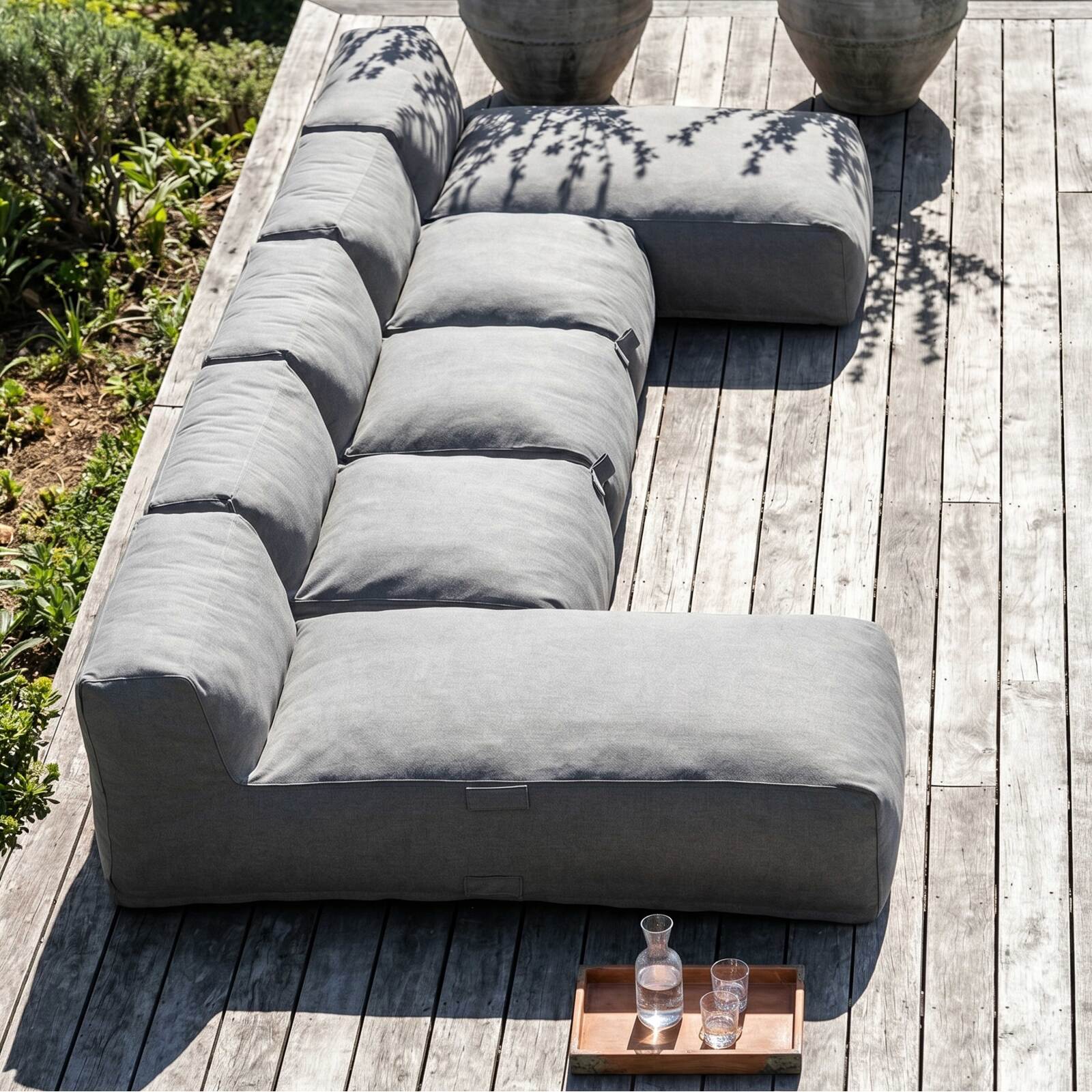 Divano modulare da esterno 5 posti con 3 poltrone e 2 chaise longue