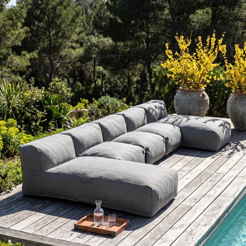 Divano modulare da esterno 5 posti con 3 poltrone e 2 chaise longue