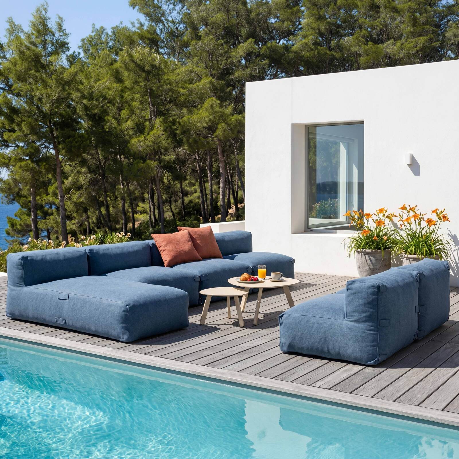 Divano modulare da esterno 6 posti con 5 poltrone e 1 chaise longue