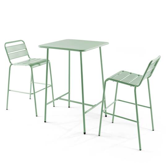 Tavolo alto da esterno bistrot quadrato in metallo 70x70 cm e 2 sedie alte | Oviala