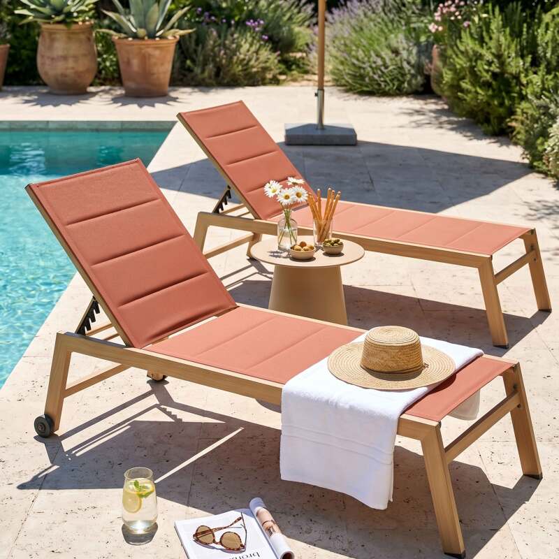 Sdraio da giardino in alluminio effetto legno e textilene reclinabili 5 posizioni con ruote - Set di 2 (7/8)
