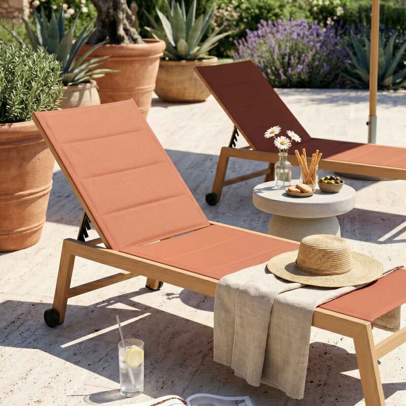 Sdraio da giardino in alluminio effetto legno e textilene reclinabili 5 posizioni con ruote - Set di 2 (2/8)