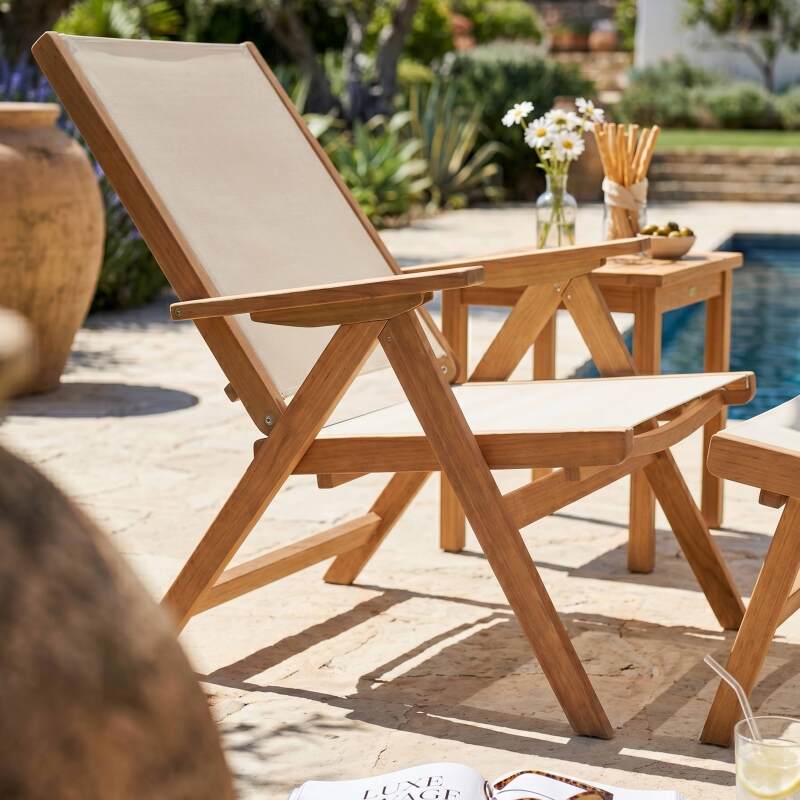 Poltrona relax da giardino in legno di eucalipto con poggiapiedi (3/9)