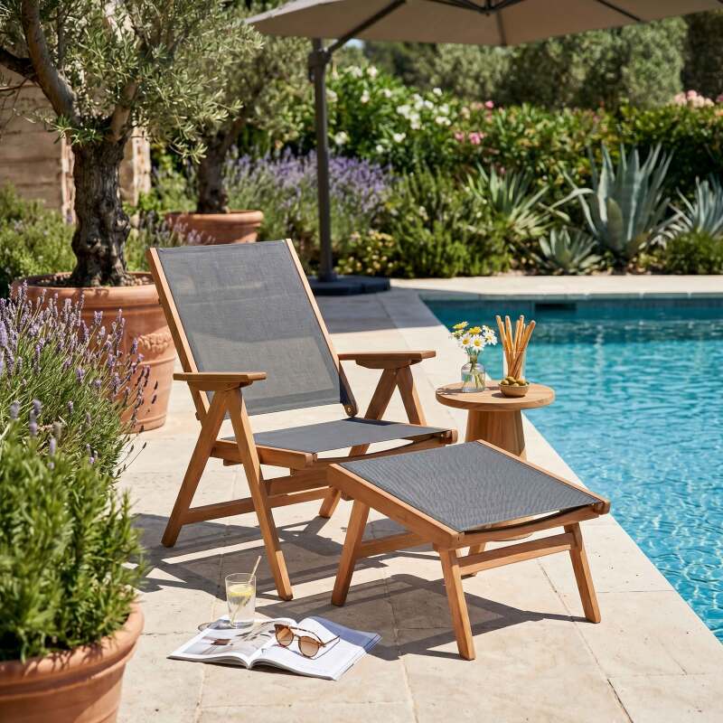 Poltrona relax da giardino in legno di eucalipto con poggiapiedi