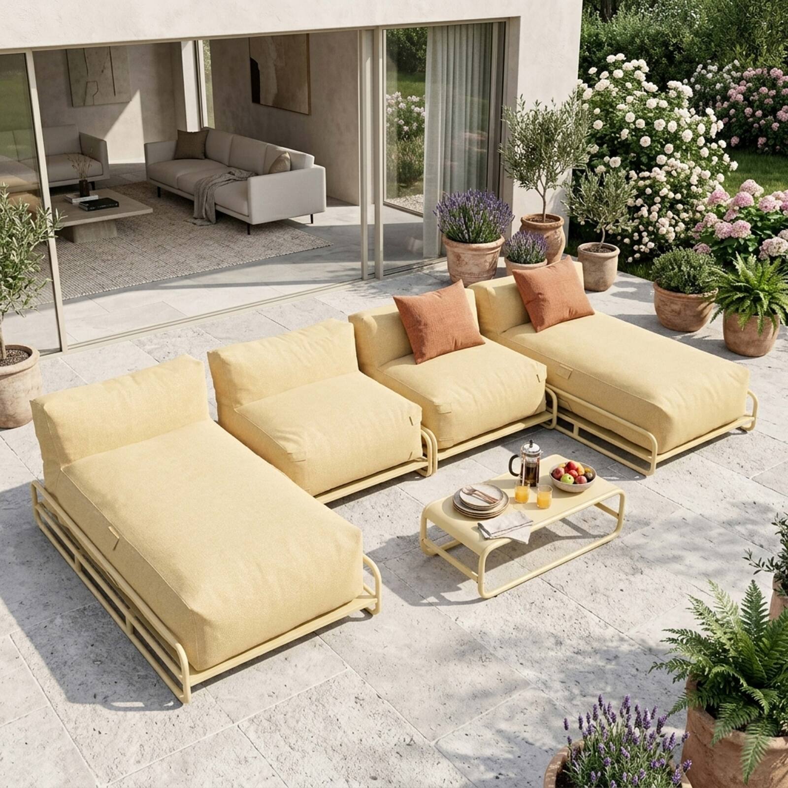 Divano modulare da esterno a 4 posti con struttura, 2 chaise longue, 2 poltrone e tavolino