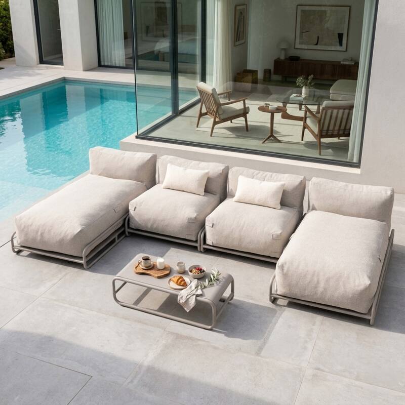 Divano modulare da esterno a 4 posti con struttura, 2 chaise longue, 2 poltrone e tavolino