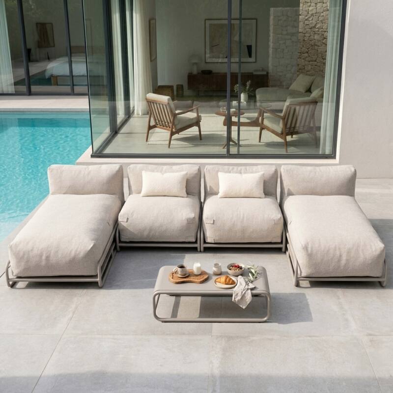 Divano modulare da esterno a 4 posti con struttura, 2 chaise longue, 2 poltrone e tavolino (2/7)