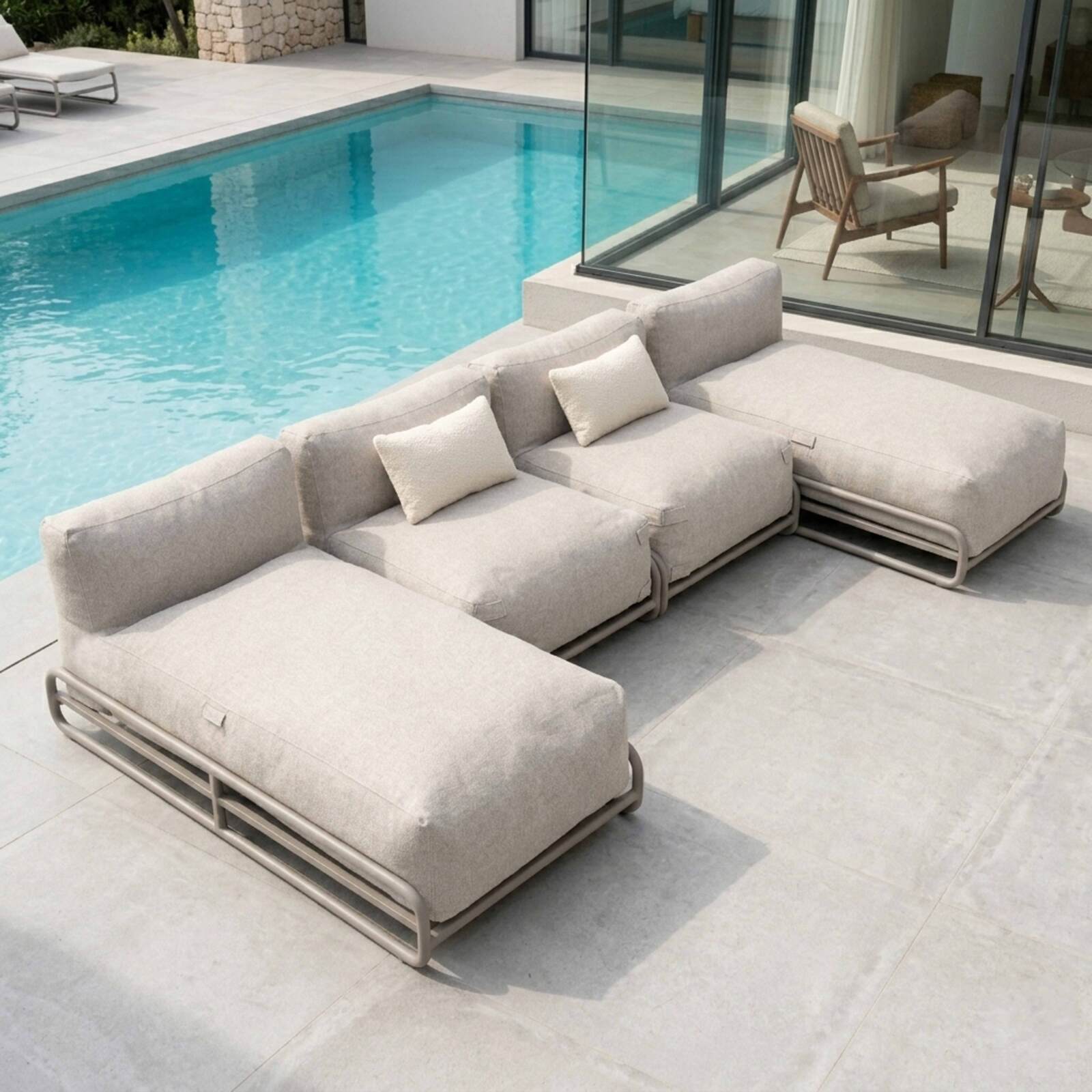 Divano modulare da esterno a 4 posti con struttura, 2 chaise longue, 2 poltrone e tavolino