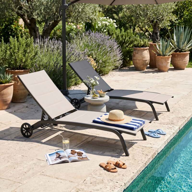 Sdraio da giardino in alluminio e textilene reclinabili 4 posizioni con ruote - Set di 2 (4/8)