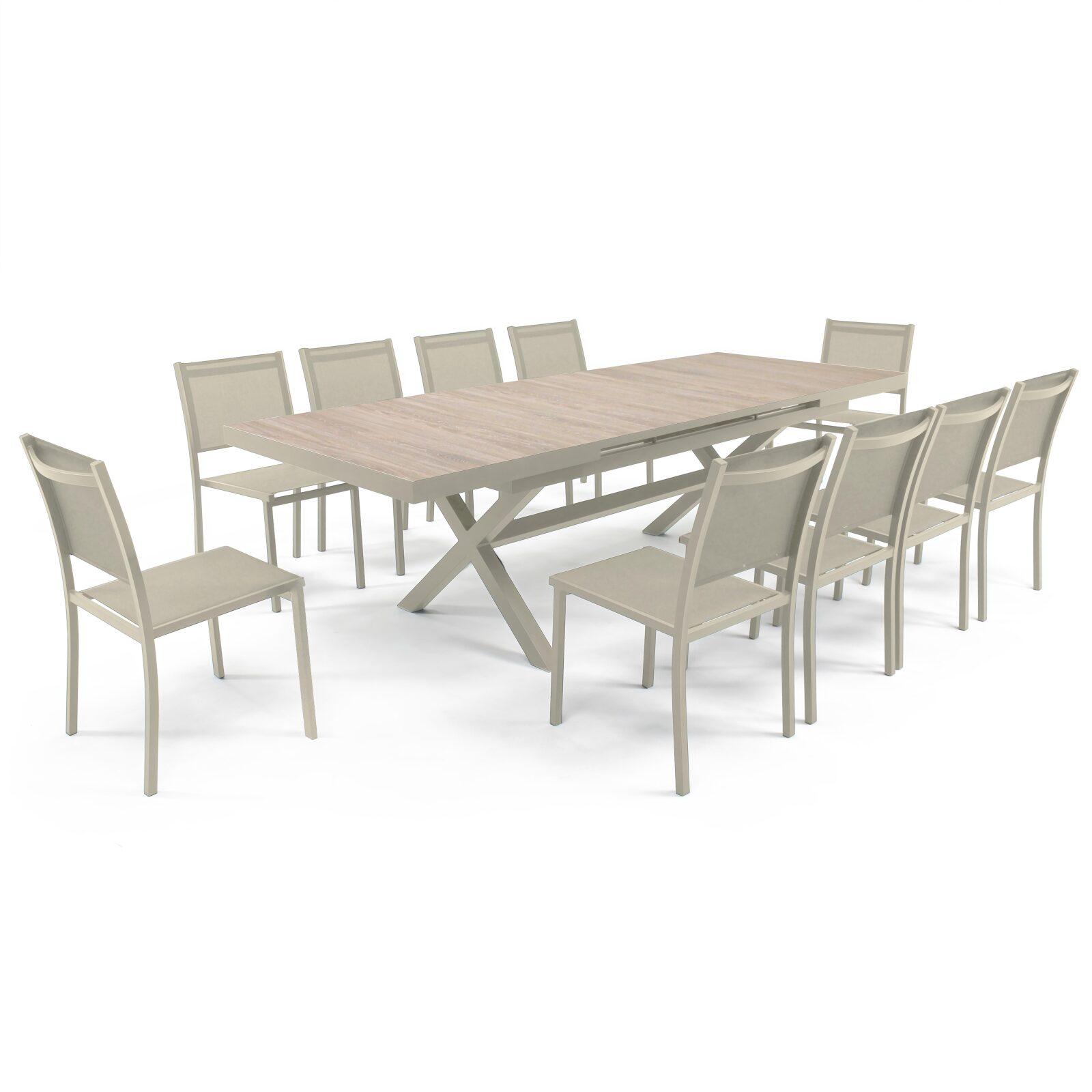 Tavolo da giardino in alluminio e ceramica effetto legno 201x100 cm e 10 sedie impilabili in textilene

