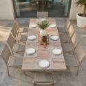 Tavolo da giardino in alluminio e ceramica effetto legno 201x100 cm e 10 sedie impilabili in textilene

