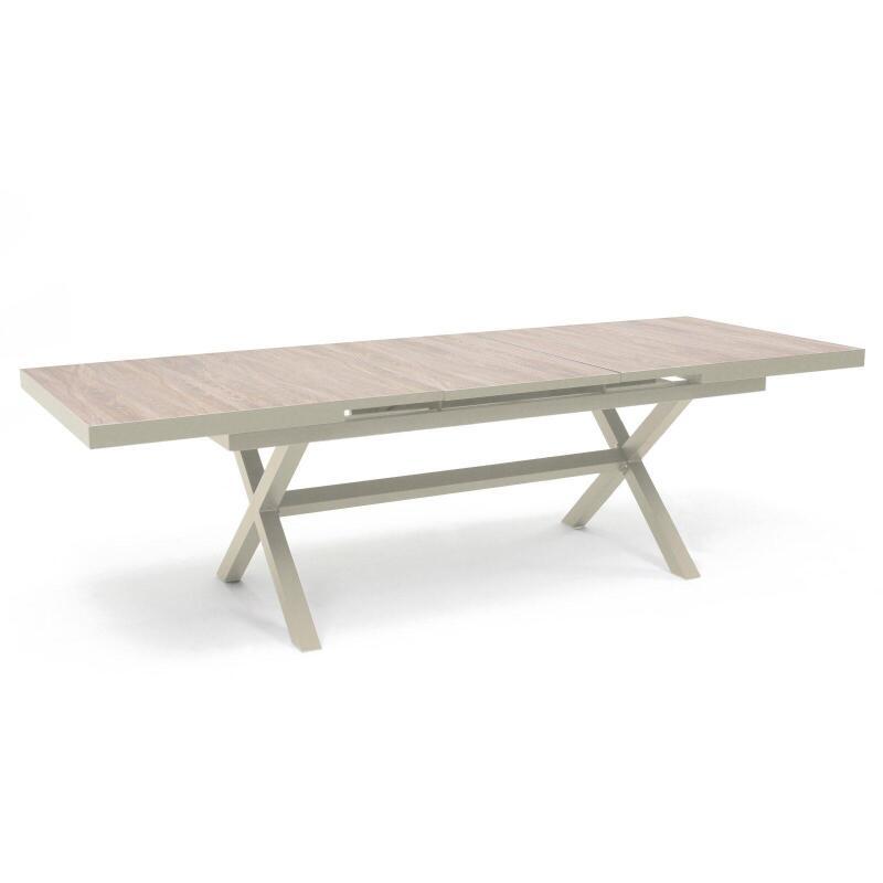 Tavolo da giardino in alluminio e ceramica effetto legno 201x100 cm e 10 sedie impilabili in textilene

 (4/7)