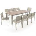 Tavolo da giardino in alluminio e ceramica effetto legno 206x100 cm e 10 sedie in textilene