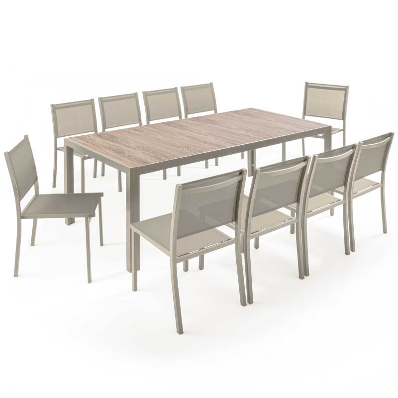 Tavolo da giardino in alluminio e ceramica effetto legno 206x100 cm e 10 sedie in textilene