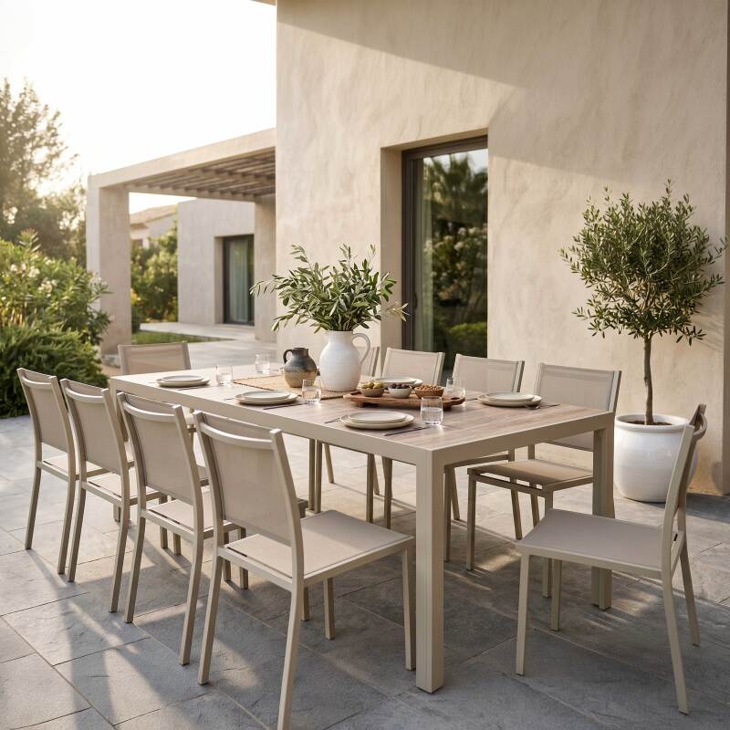 Tavolo da giardino in alluminio e ceramica effetto legno 206x100 cm e 10 sedie in textilene