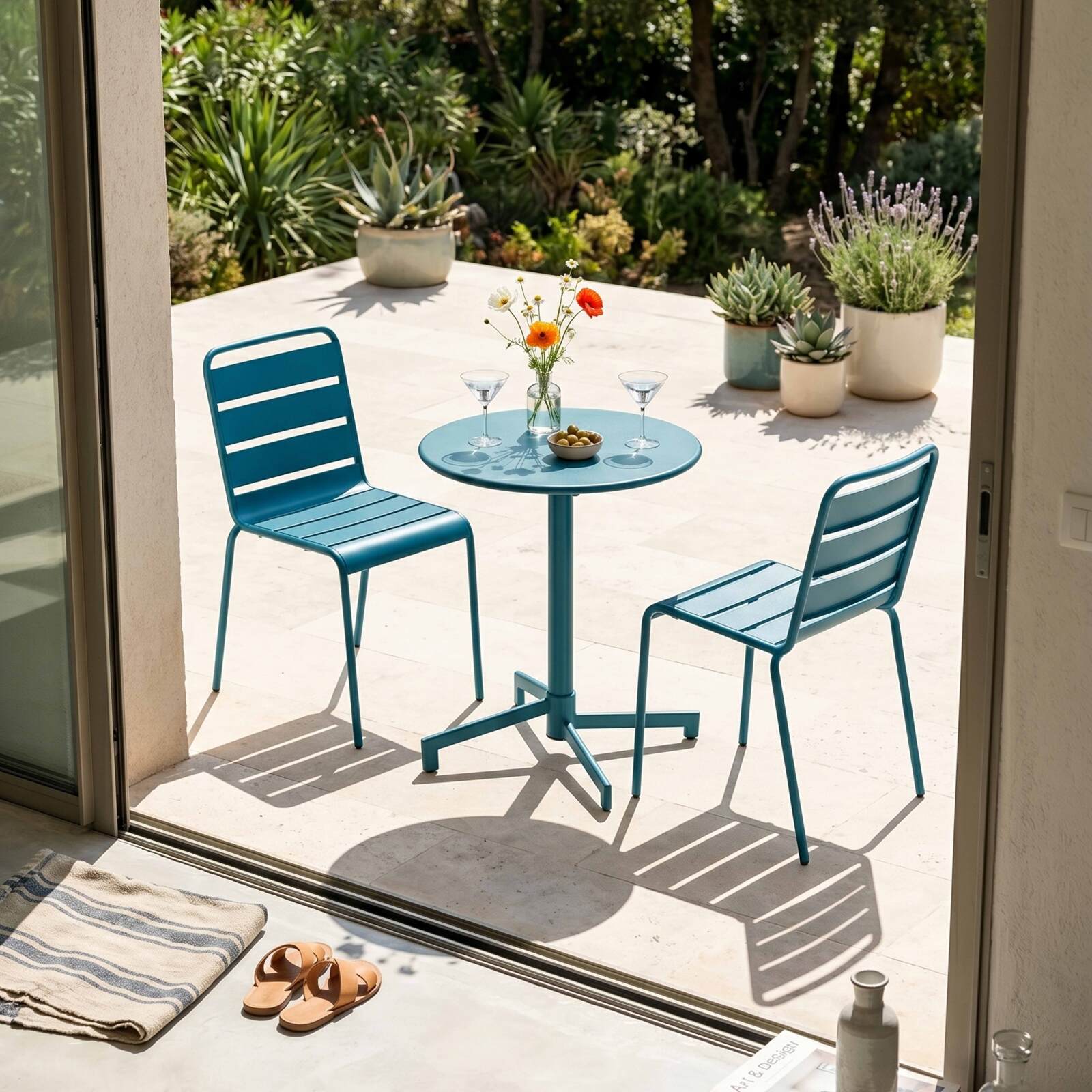 Tavolo da giardino bistrot rotonda inclnabile in metallo con piede incassato 70x70 cm e 2 sedie