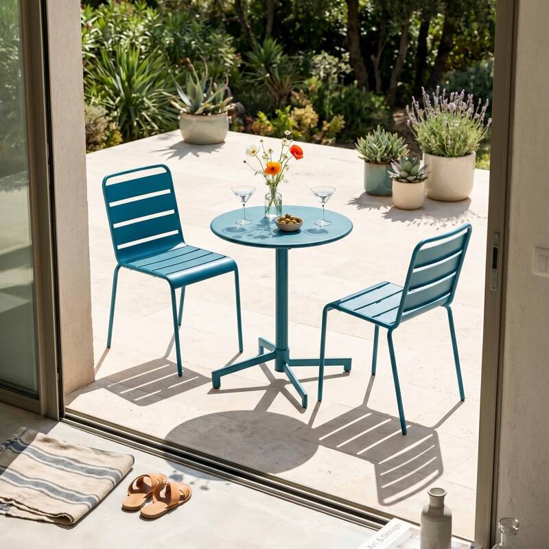 Tavolo da giardino bistrot rotonda inclnabile in metallo con piede incassato 70x70 cm e 2 sedie