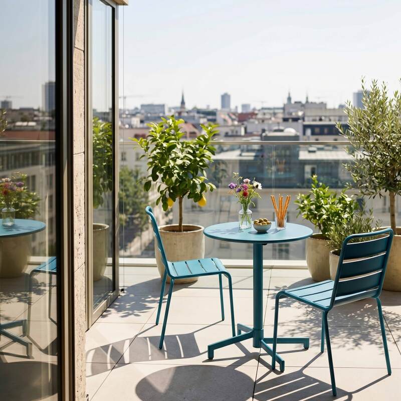 Tavolo da giardino bistrot rotonda inclnabile in metallo con piede incassato 70x70 cm e 2 sedie (2/11)