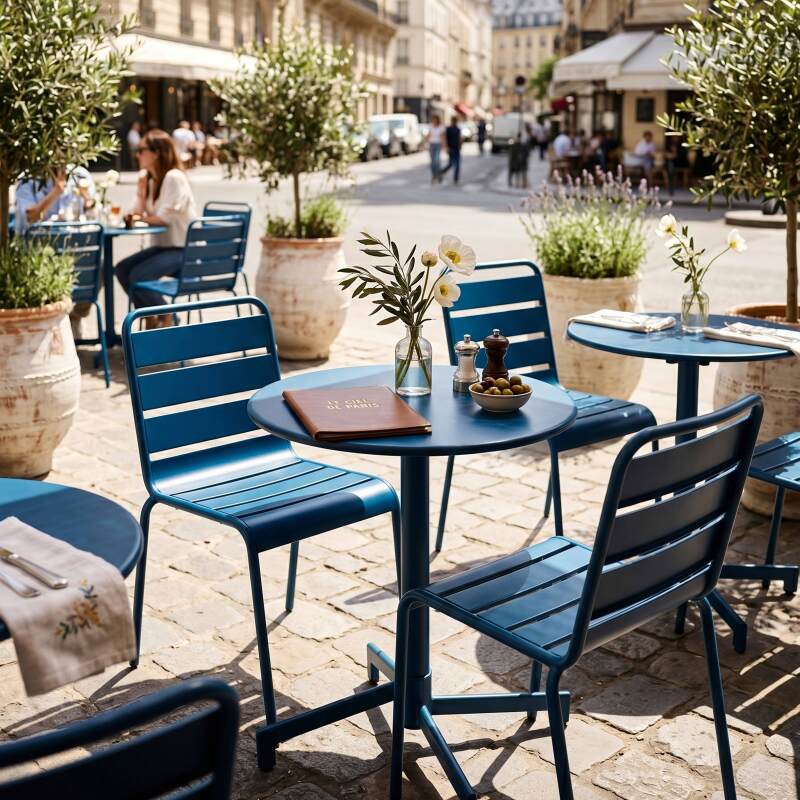 Tavolo da giardino bistrot rotonda inclnabile in metallo con piede incassato 70x70 cm e 2 sedie (6/11)