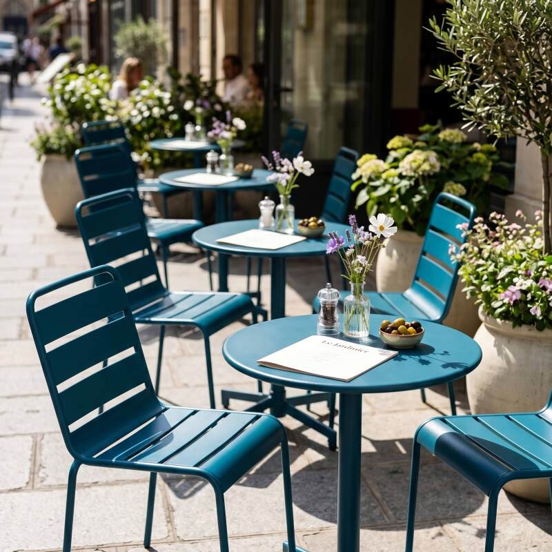 Tavolo da giardino bistrot rotonda inclnabile in metallo con piede incassato 70x70 cm e 2 sedie (7/11)
