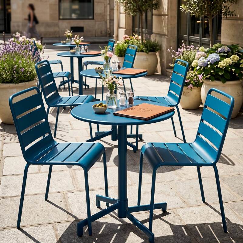 Tavolo da giardino bistrot rotonda inclnabile in metallo con piede incassato 70x70 cm e 2 sedie (8/11)