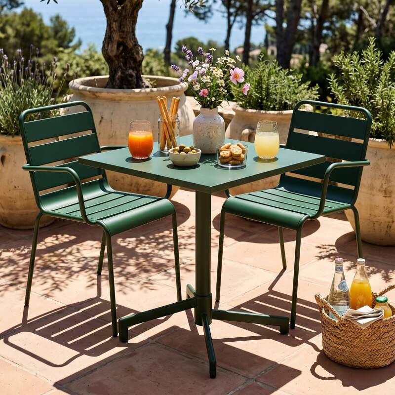 Tavolo da giardino bistrot quadrato inclinabile in metallo con piede incassato 70x70 cm e 2 sedie con braccioli
