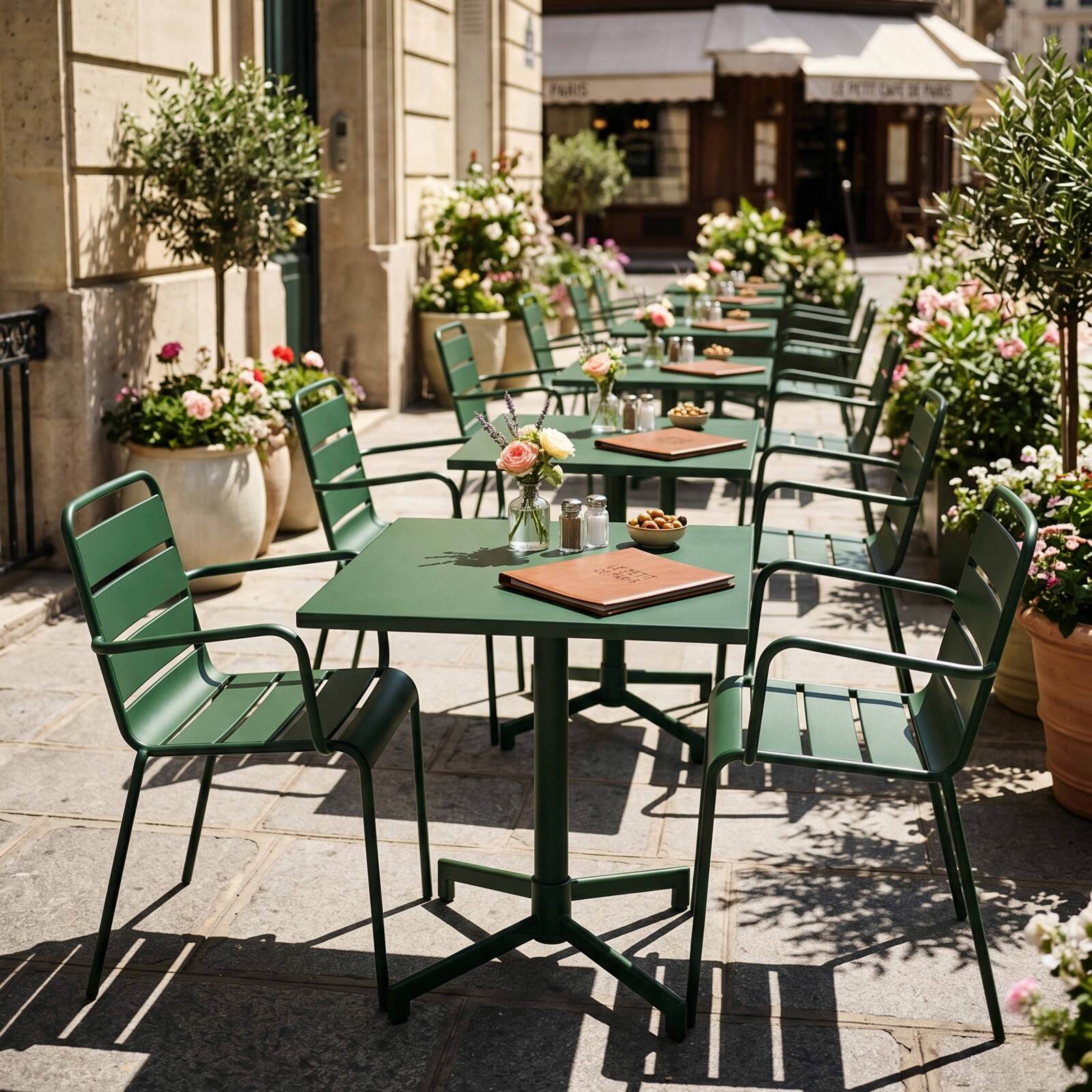 Tavolo da giardino bistrot quadrato inclinabile in metallo con piede incassato 70x70 cm e 2 sedie con braccioli