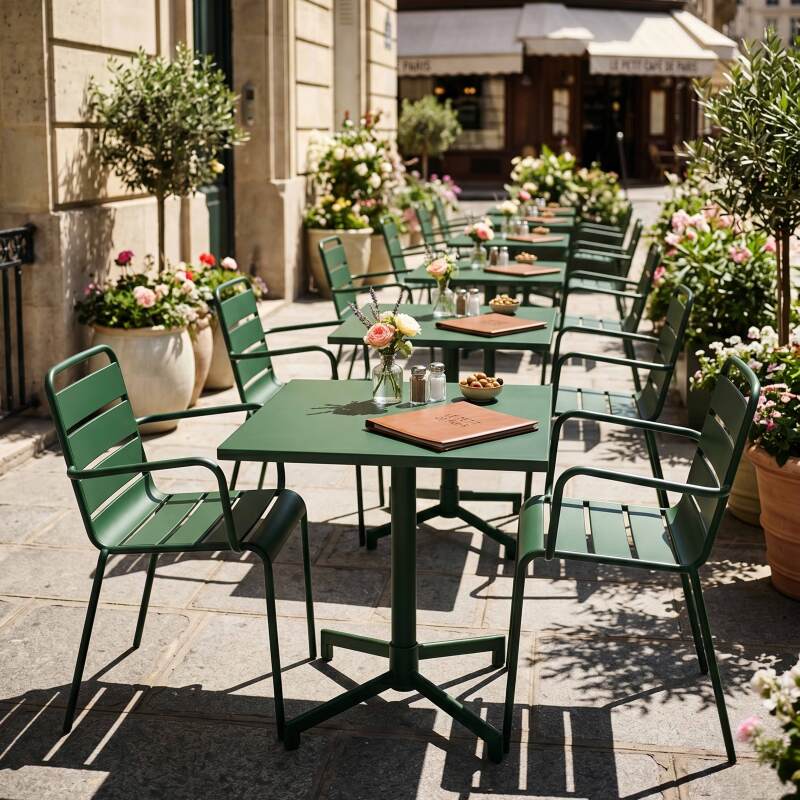 Tavolo da giardino bistrot quadrato inclinabile in metallo con piede incassato 70x70 cm e 2 sedie con braccioli (6/7)
