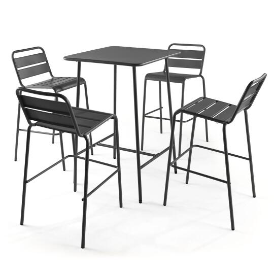 Tavolo alto da esterno quadrato in metallo 70x70 cm e 4 sedie alte | Oviala