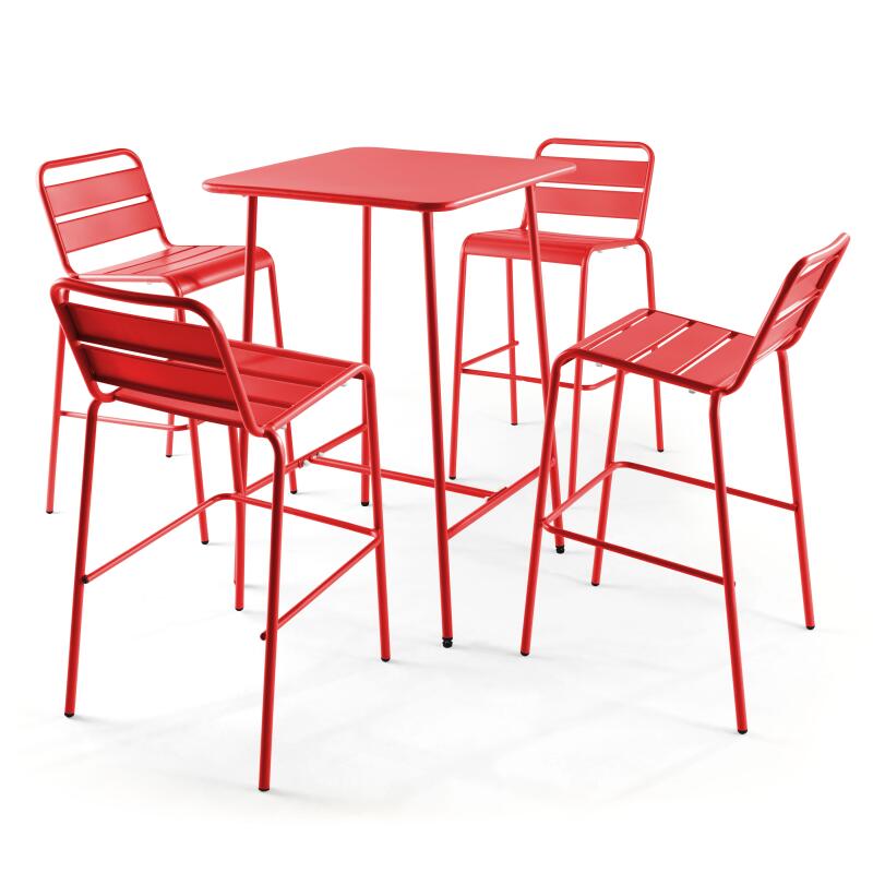 Tavolo alto da bar 70 cm x 70 cm e 4 sedie alte in metallo