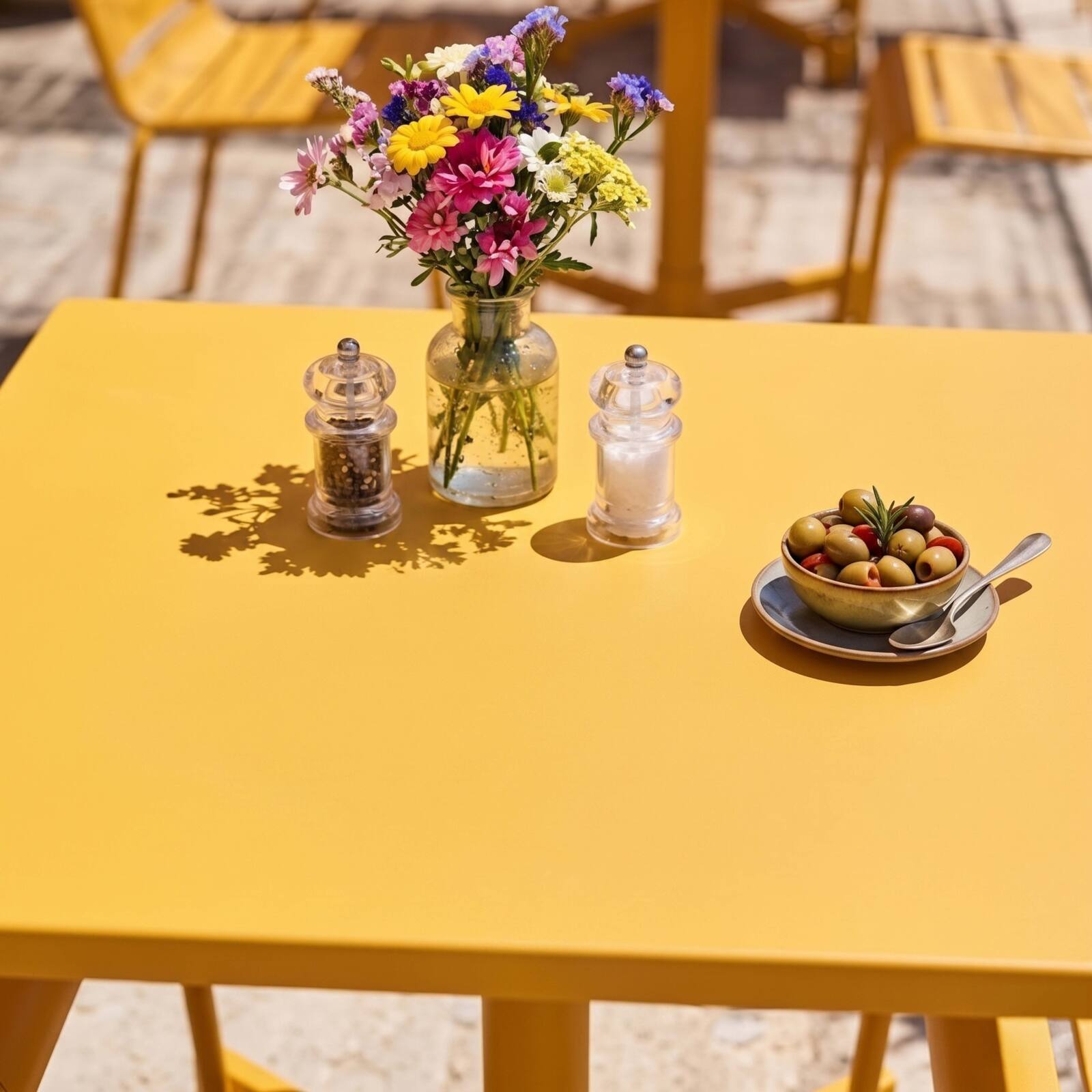 Tavolo da giardino bistrot quadrato inclnabile in metallo con piede incassato 70x70 cm e 2 sedie