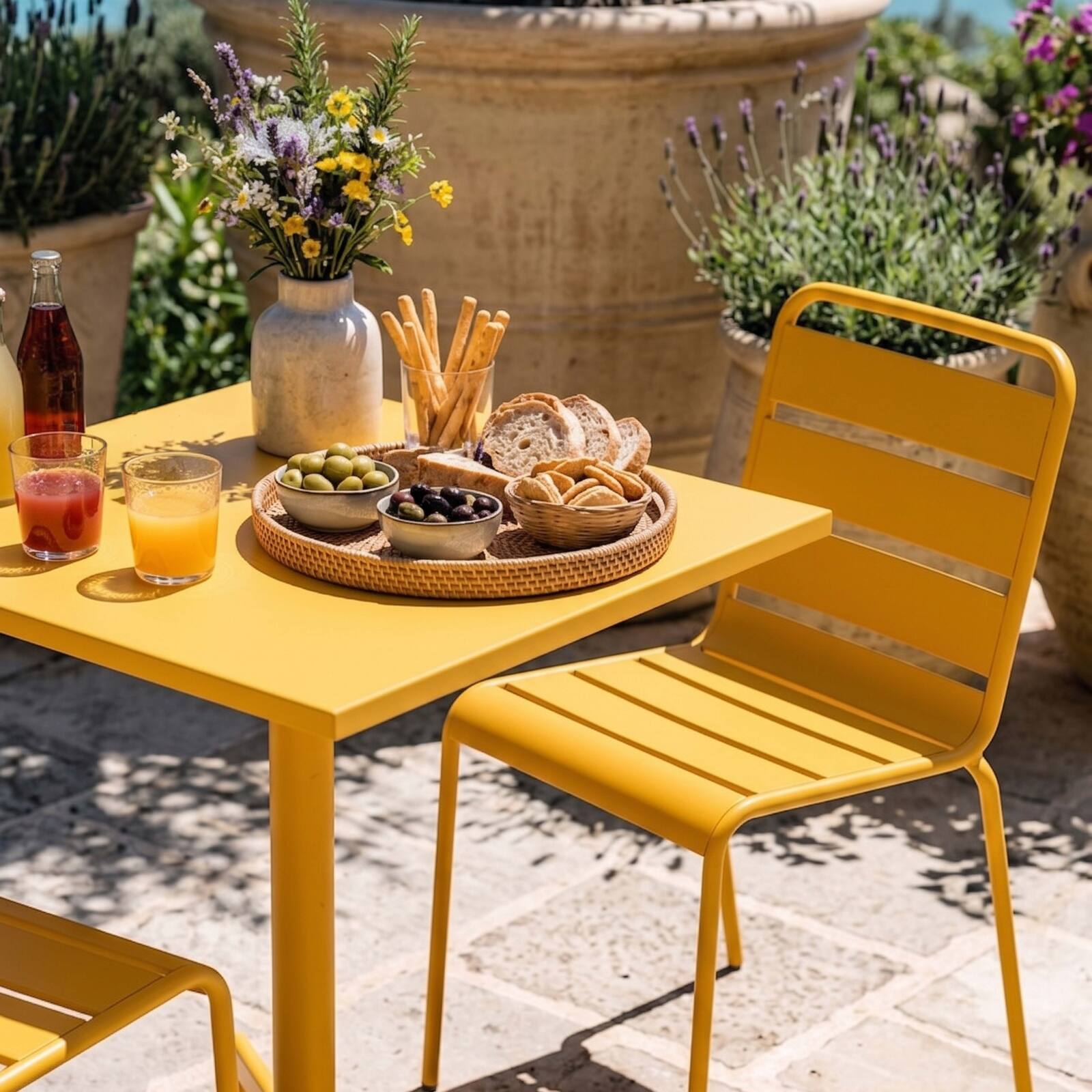 Tavolo da giardino bistrot quadrato inclnabile in metallo con piede incassato 70x70 cm e 2 sedie