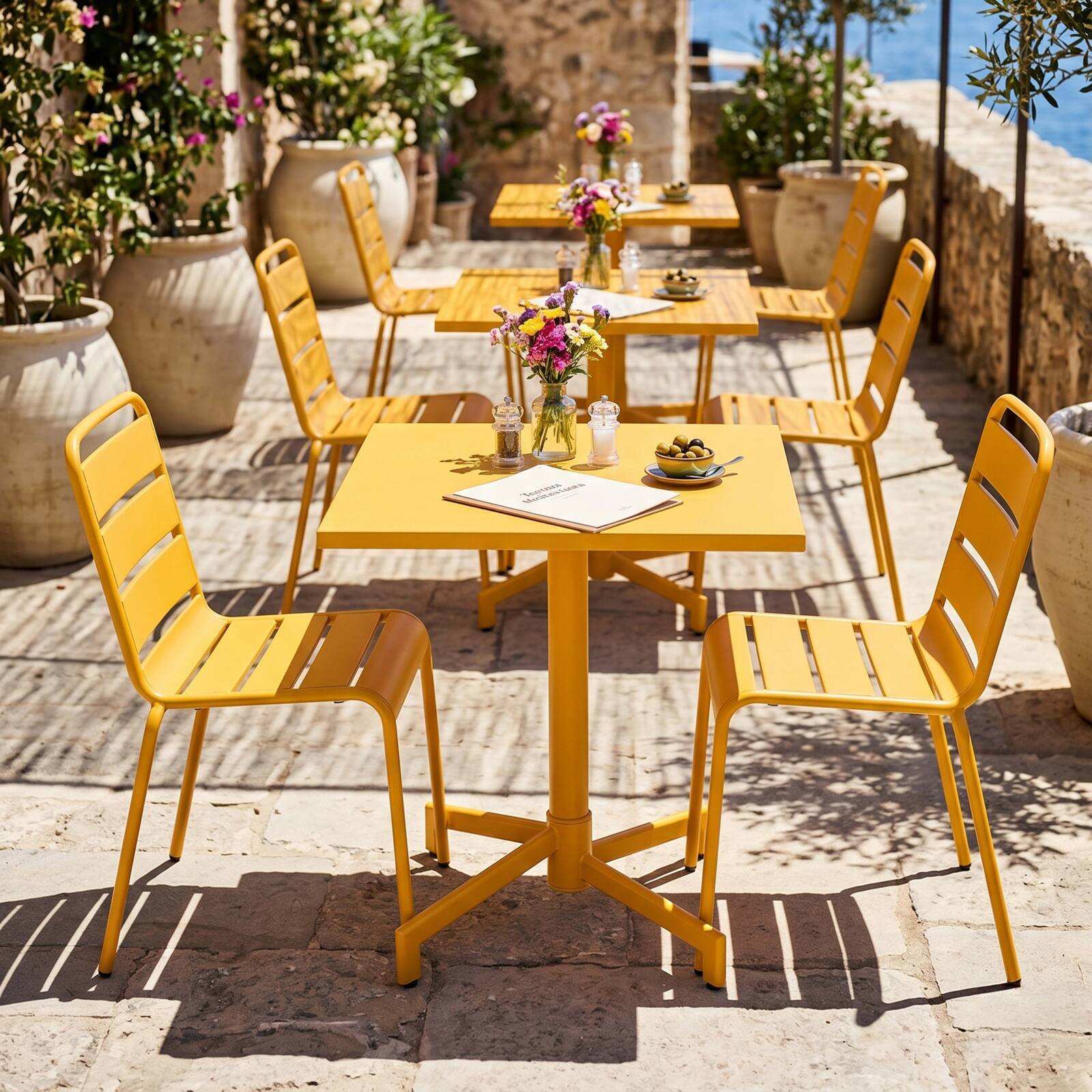 Tavolo da giardino bistrot quadrato inclnabile in metallo con piede incassato 70x70 cm e 2 sedie