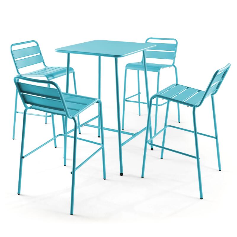 Tavolo alto da bar 70 cm x 70 cm e 4 sedie alte in metallo