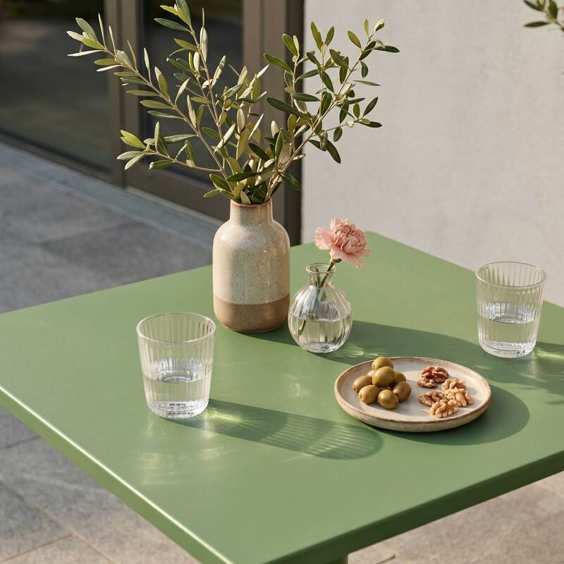 Tavolo da giardino bistrot quadrato inclnabile in metallo con piede incassato 70x70 cm e 2 sedie (2/8)