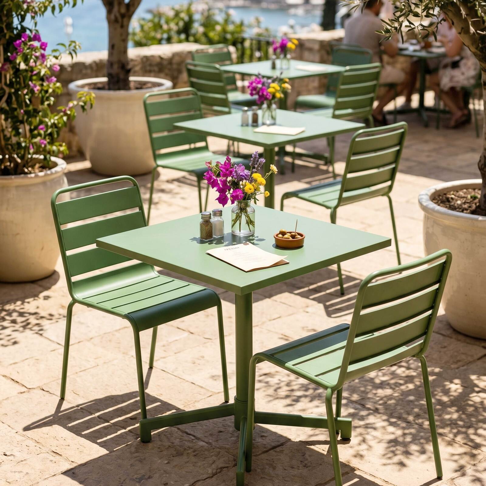 Tavolo da giardino bistrot quadrato inclnabile in metallo con piede incassato 70x70 cm e 2 sedie