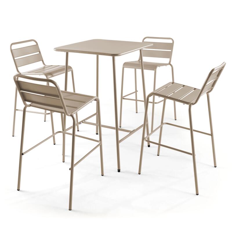 Tavolo alto da bar 70 cm x 70 cm e 4 sedie alte in metallo