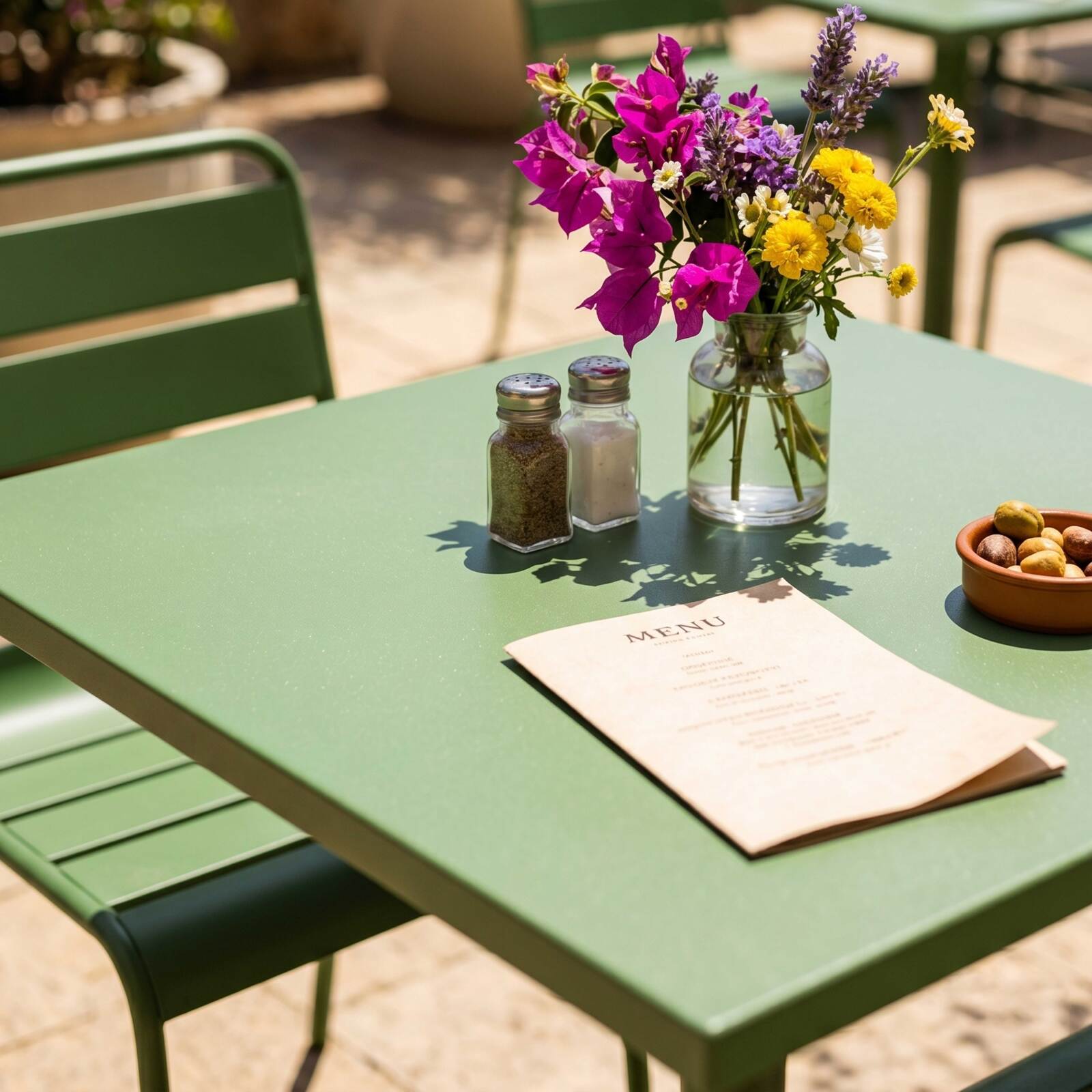 Tavolo da giardino bistrot quadrato inclnabile in metallo con piede incassato 70x70 cm e 2 sedie