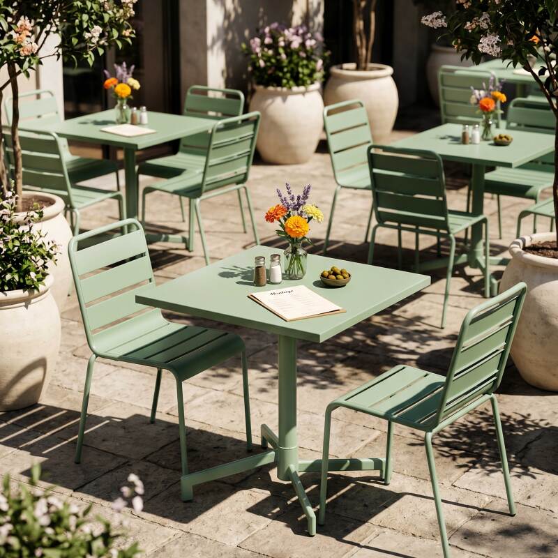 Tavolo da giardino bistrot quadrato inclnabile in metallo con piede incassato 70x70 cm e 2 sedie (5/7)