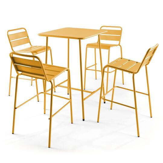 Tavolo alto da bar 70 cm x 70 cm e 4 sedie alte in metallo