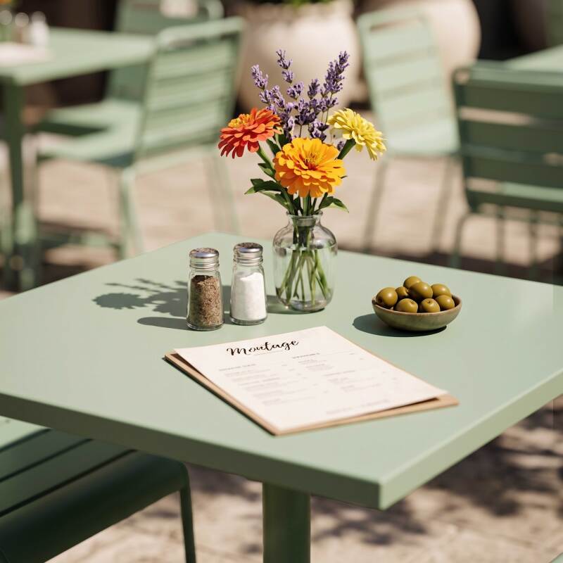 Tavolo da giardino bistrot quadrato inclnabile in metallo con piede incassato 70x70 cm e 2 sedie (6/7)