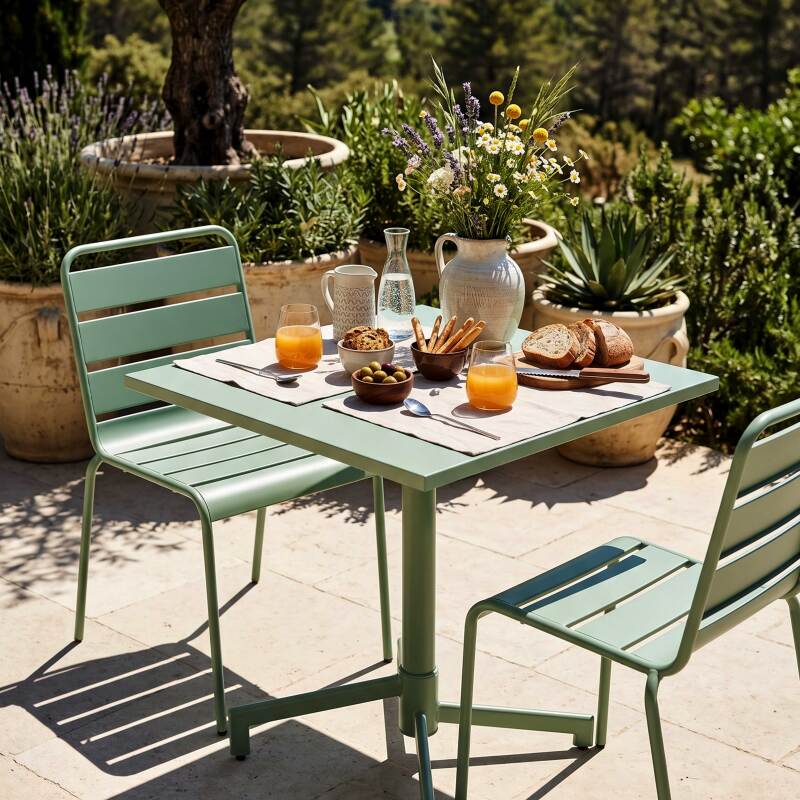 Tavolo da giardino bistrot quadrato inclnabile in metallo con piede incassato 70x70 cm e 2 sedie