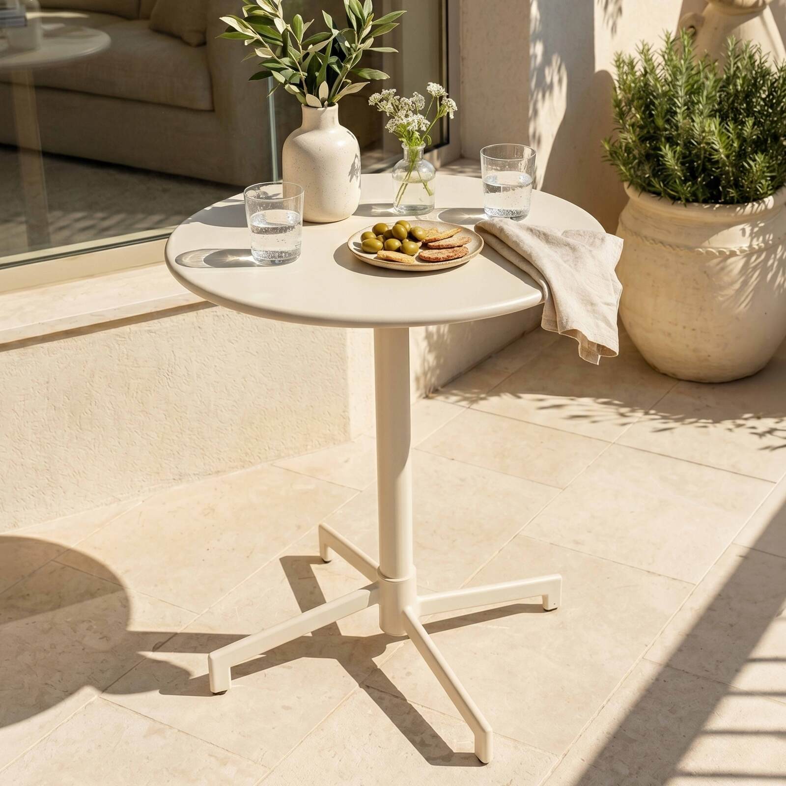 Tavolo da giardino quadrato reclinabile in metallo per 2 a 4 persone con piede ad incasso Ø70x72 cm