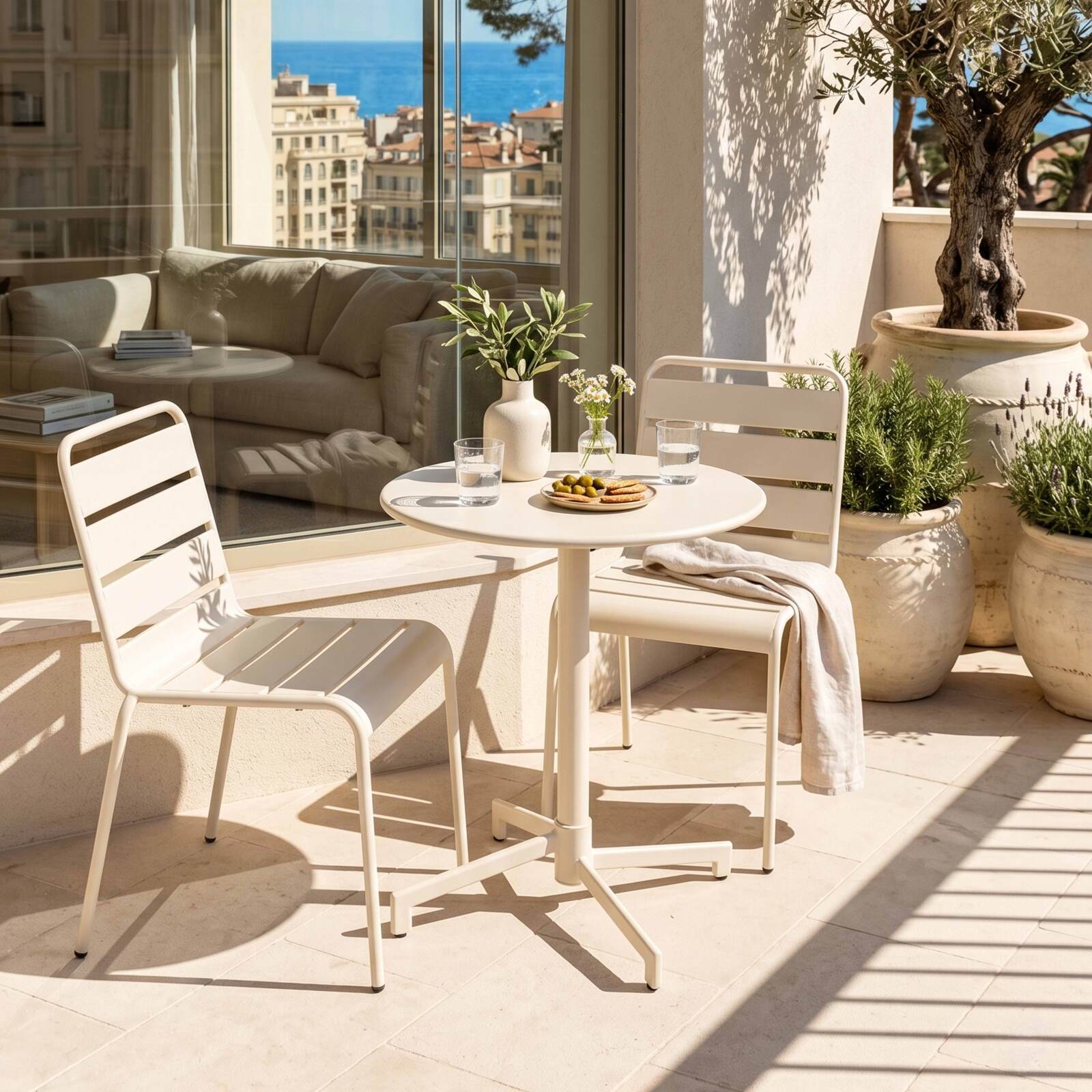 Tavolo da giardino quadrato reclinabile in metallo per 2 a 4 persone con piede ad incasso Ø70x72 cm