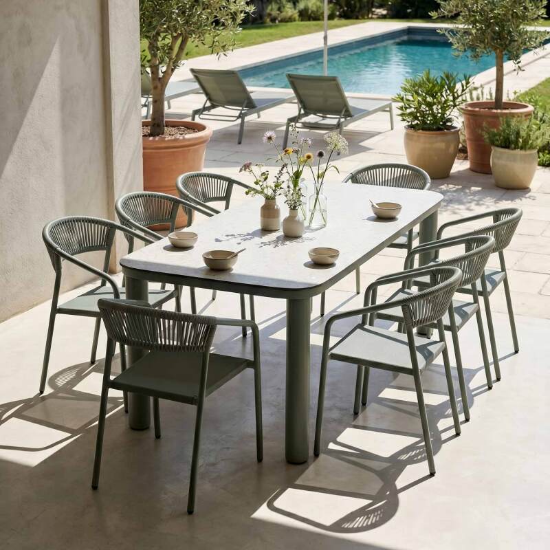 Tavolo da giardino struttura in alluminio per 8 persone 213x90 cm e 8 sedie in textilene
