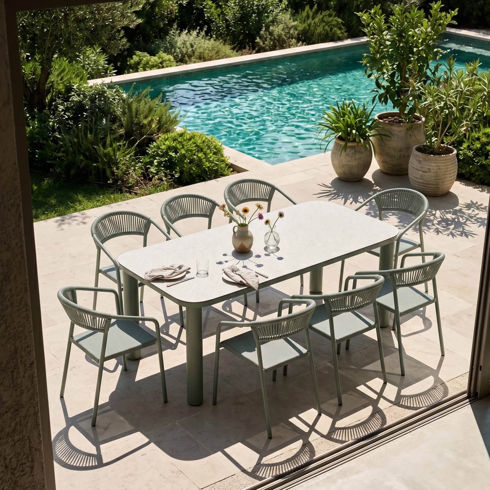 Tavolo da giardino struttura in alluminio per 8 persone 213x90 cm e 8 sedie in textilene