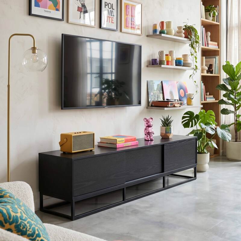Mobile TV nero in effetto legno 180 cm