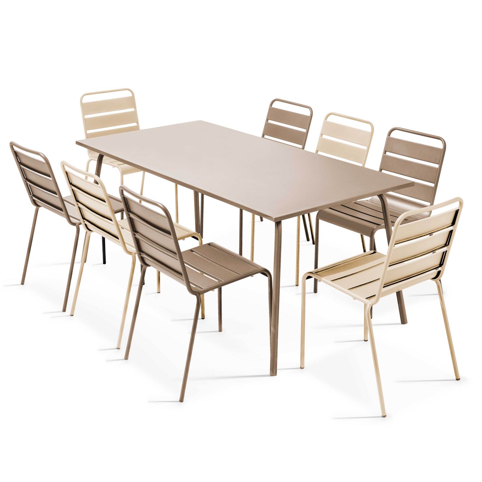Tavolo da giardino in metallo 180x90 cm e 8 sedie spaiate