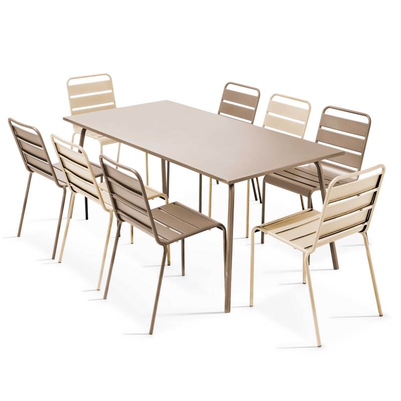 Tavolo da giardino in metallo 180x90 cm e 8 sedie spaiate