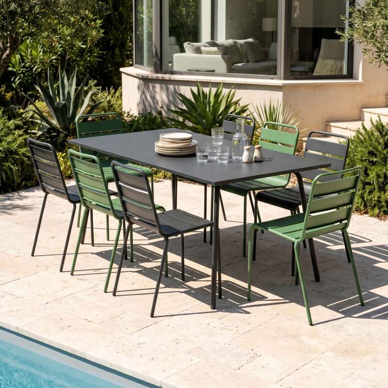 Tavolo da giardino in metallo 180x90 cm e 8 sedie spaiate